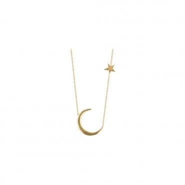 9ct Yellow Gold Crescent Moon & Star Pendant 16.5-17" - Gift Packaging Included