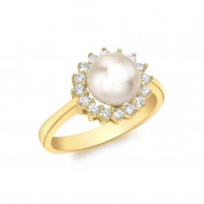 9ct Yellow Gold Ladies Cz And Pearl Dress Ring