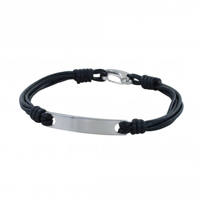 PURE Silver Gents Leather Bracelet Engravable Panel