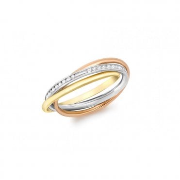 Gold Collection 9ct Three Coloured Gold Stone Set Russian Wedding Ring  3 x 1.5mm Width