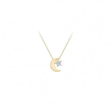 Gold Collection 9ct Two Tone Stone Set Star & Moon Pendant 17+1" Length of Chain