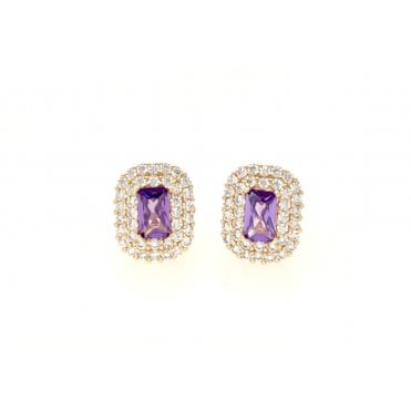 Gold Purple And White Cz Stud Earrings