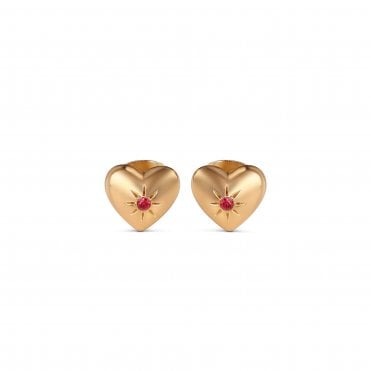 Heart Stud Earrings With Red Stone