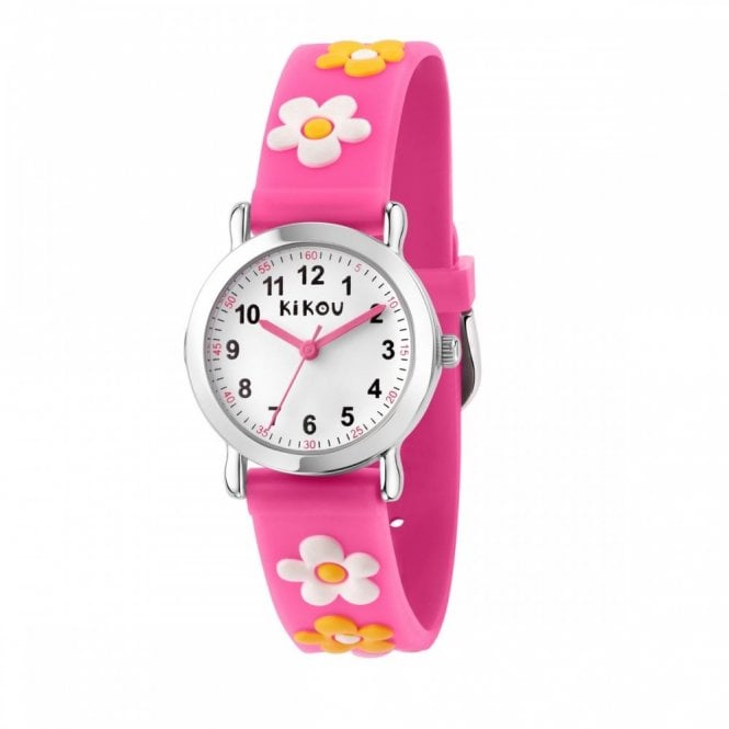 Kikou Kids Watches KIKOU KIDS MIGNON 26MM WHITE DIAL PINK FLOWER STRAP WATCH