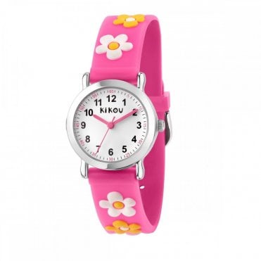 KIKOU KIDS MIGNON 26MM WHITE DIAL PINK FLOWER STRAP WATCH