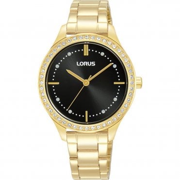 Ladies Gold Plated Black Dial Watch