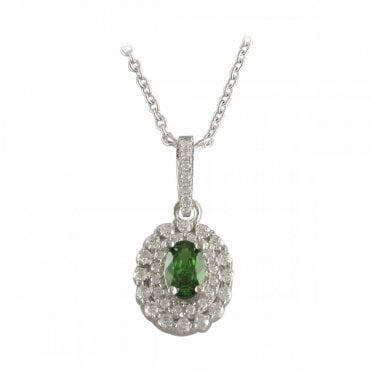 Ladies Sterling Silver Stone Set White & Green Stone Pendant 18"