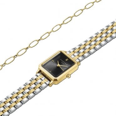 Two-Tone Black Dial Watch And Bracelet Set